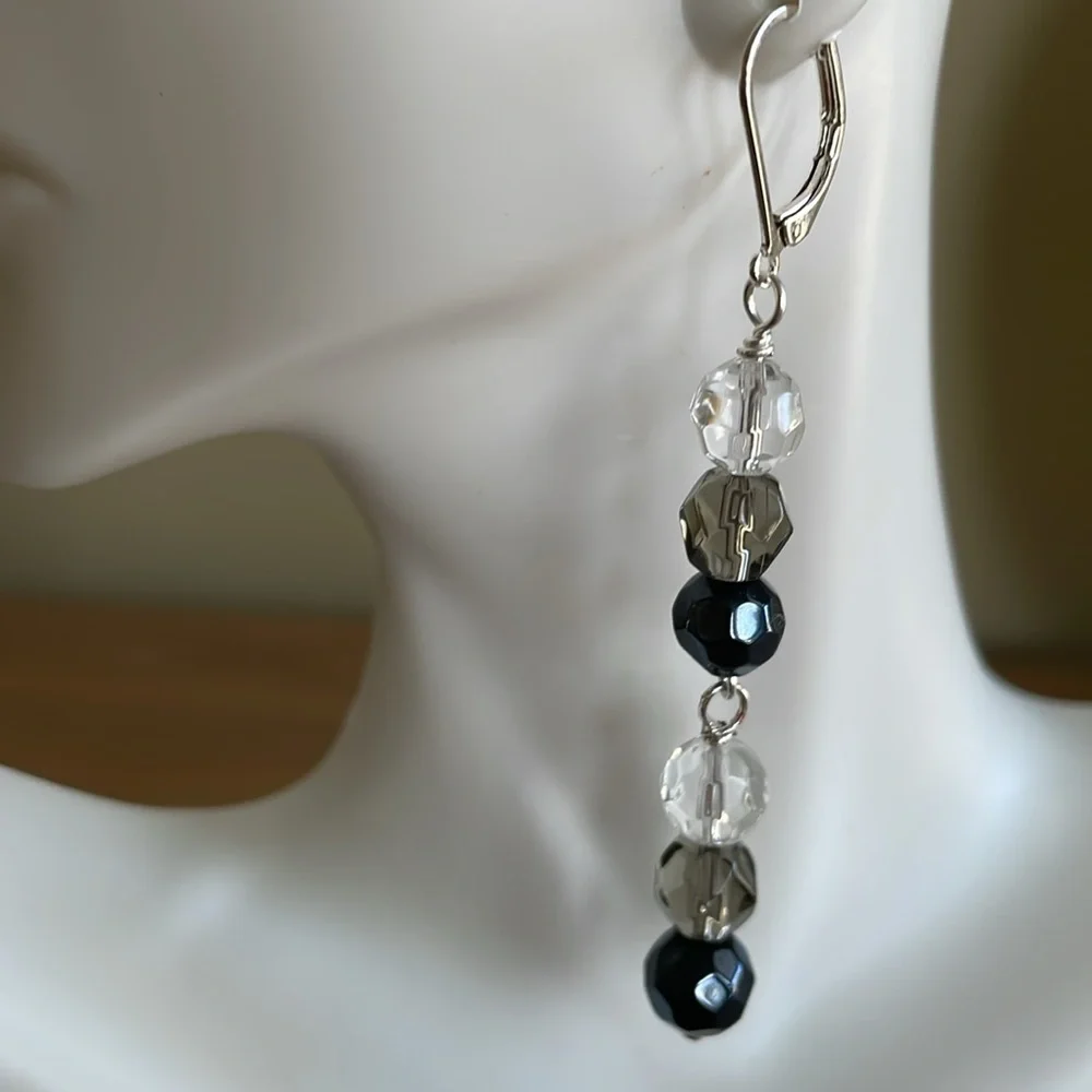 HAND CRAFTED DANGLE DROP EARRINGS 3” Faceted Black Gray Clear